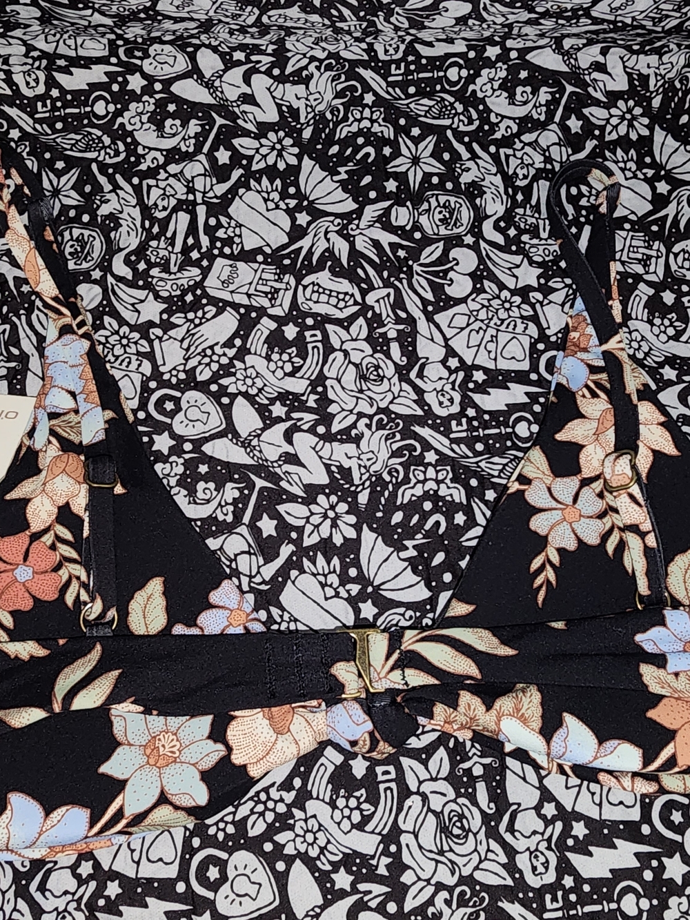 O'Neill Black Floral Triangle Bikini Top with Pastel Blue and Peach Blooms - Picture 3 of 4